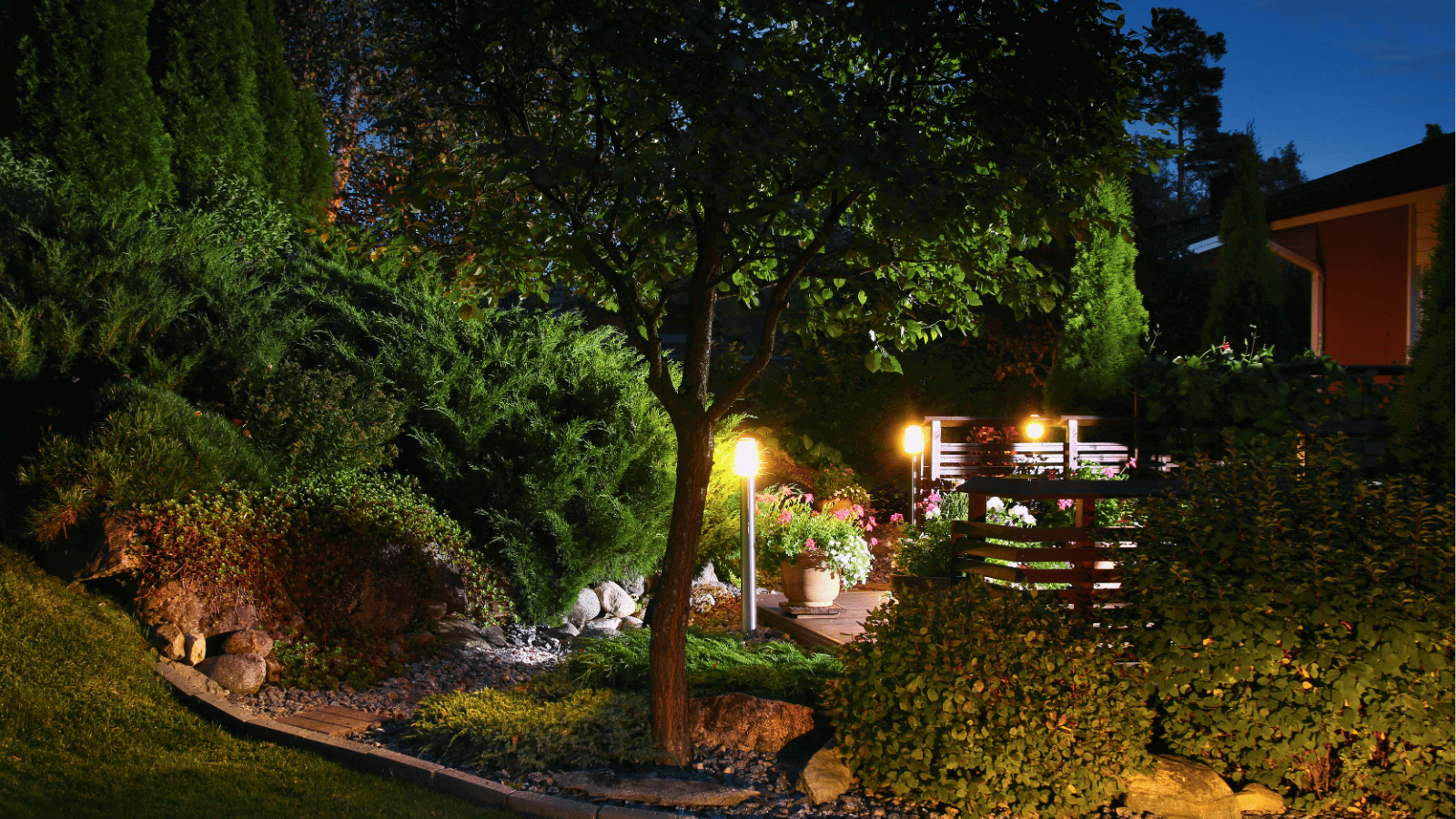 Outdoor lighting installation in a Calgary backyard